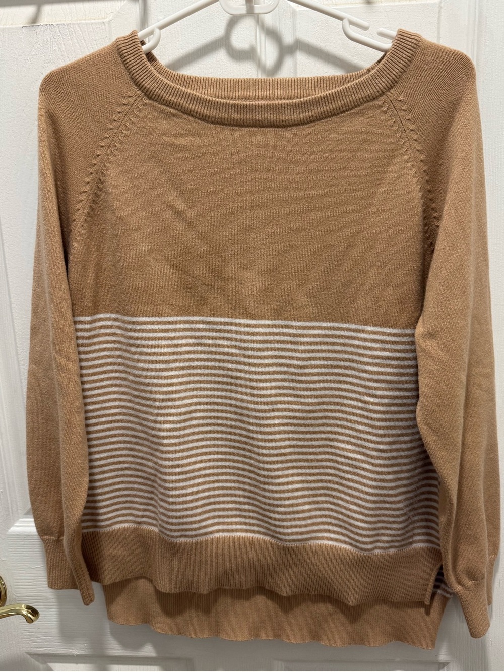 Pink Lily Tan and White Striped Sweater